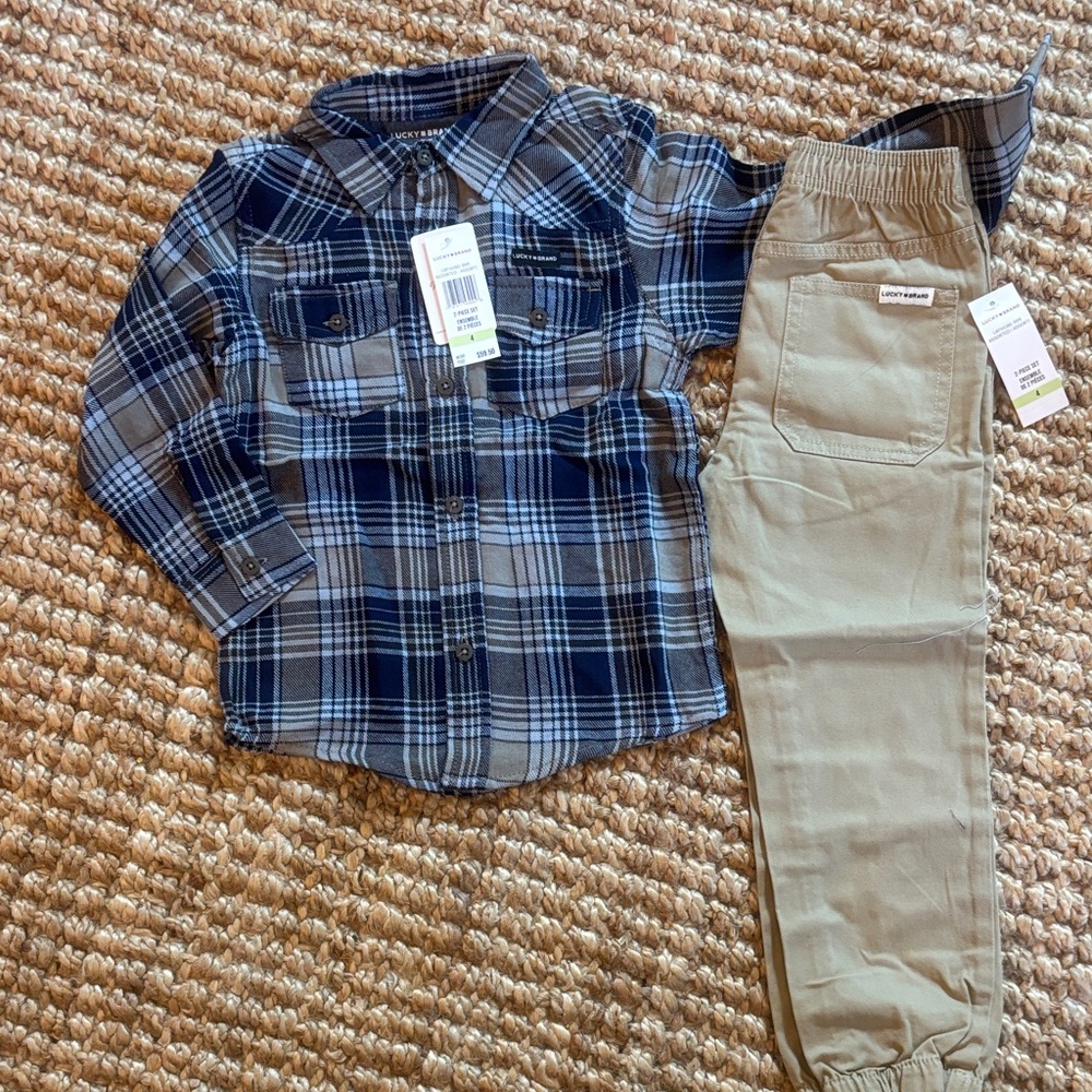 Lucky Brand Kids 2 Piece Plaid Shirt and Khaki‎ Jogger Set Size 4
